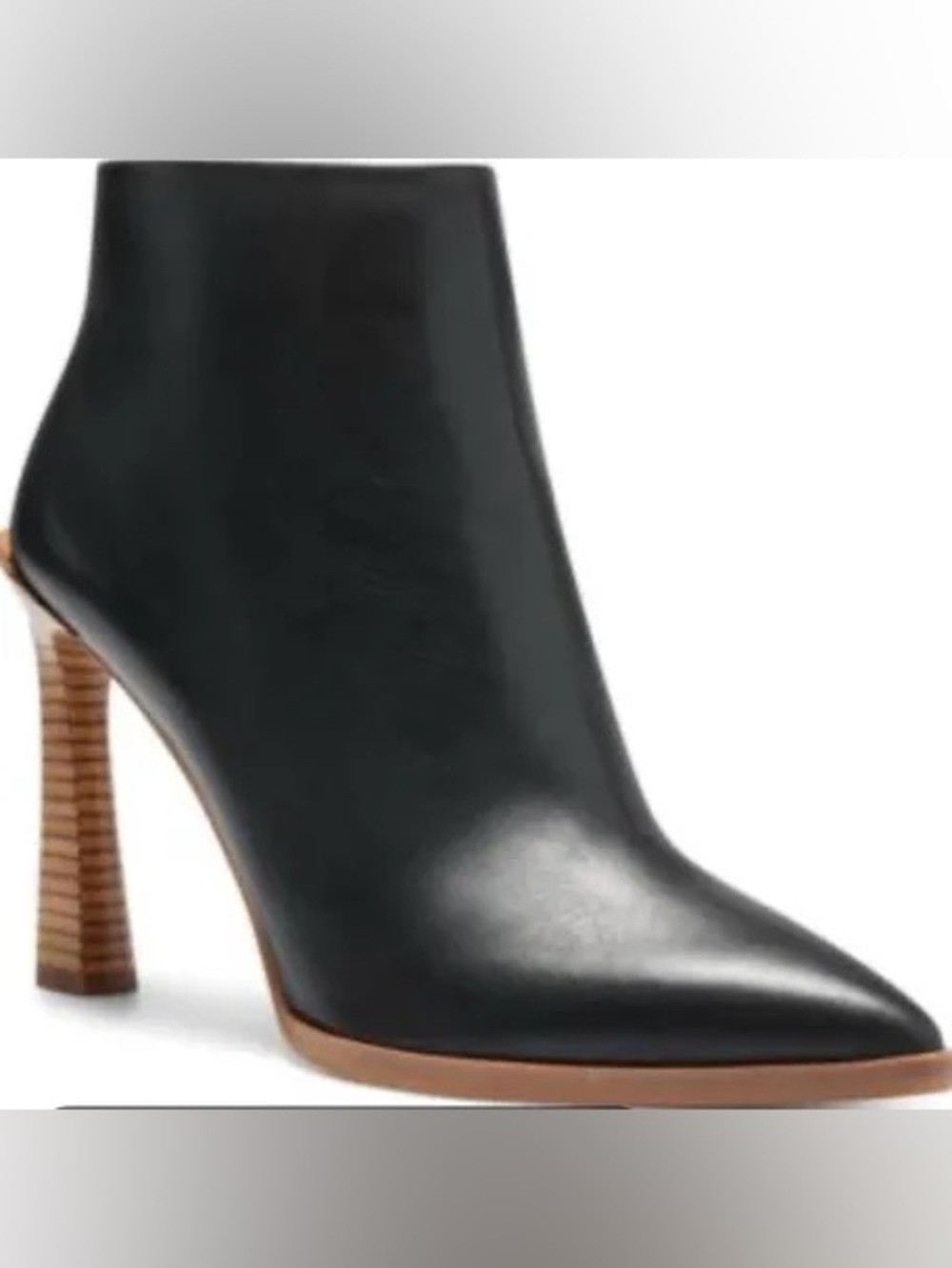 Vince Camuto Pezlee Black Leather Pointed Ankle Boot with Stacked Brown Heel